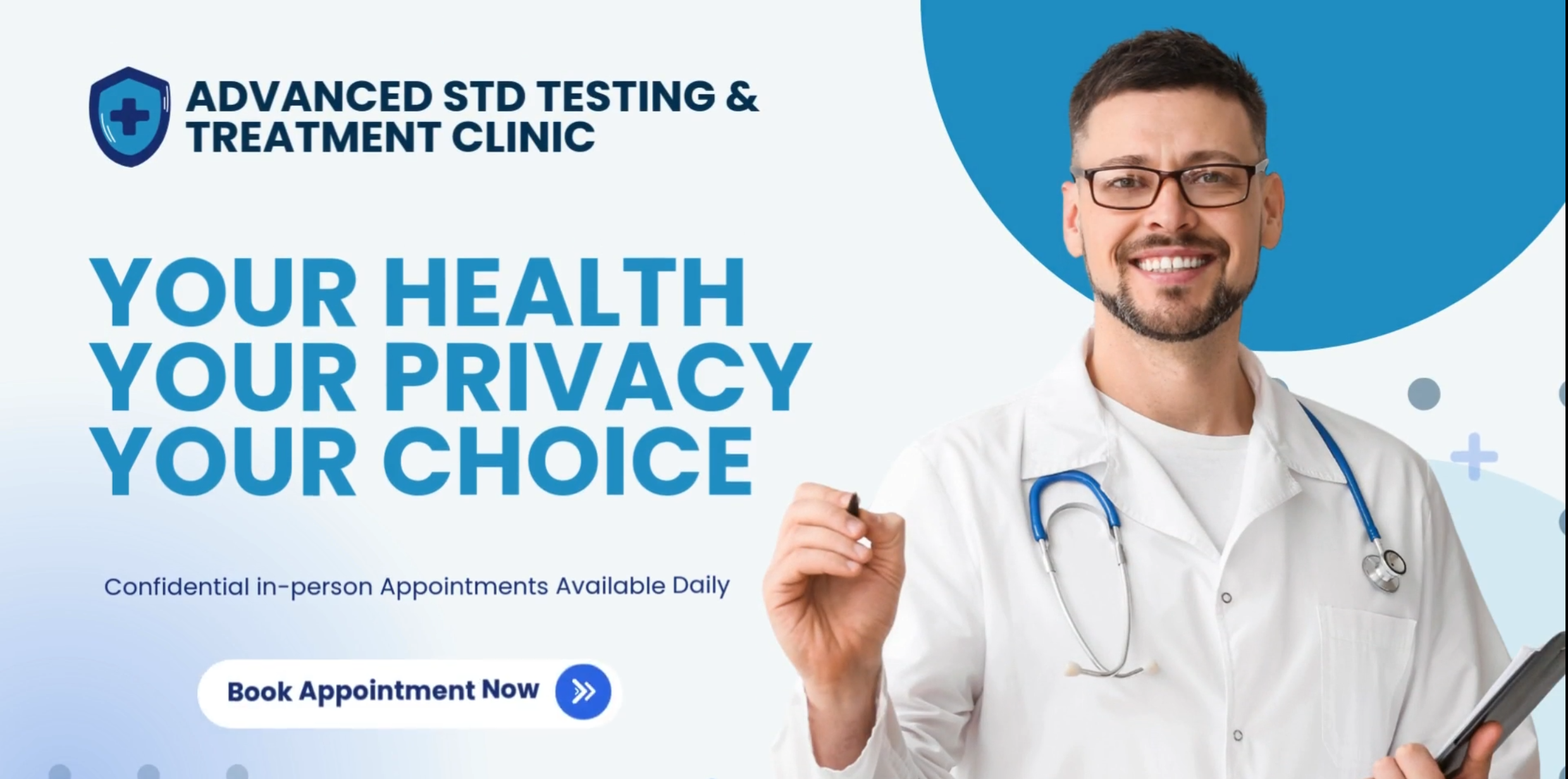 Smiling male doctor in white coat holding a clipboard, promoting confidential appointments at the best STI clinic in Houston