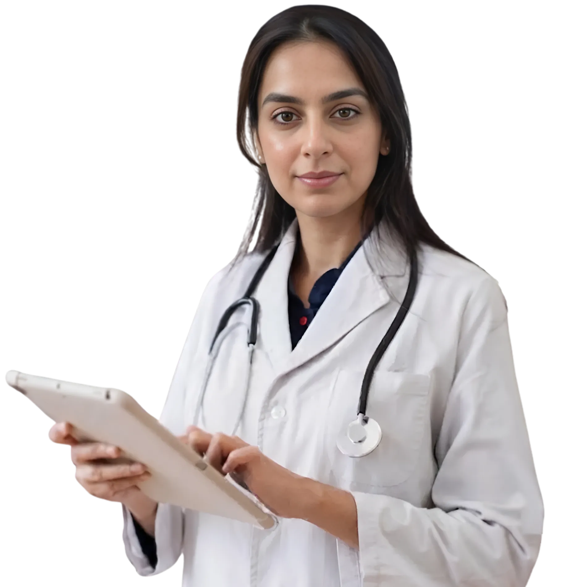 Dr. Anita Leal in a white lab coat holding a digital tablet for confidential patient health records tracking.