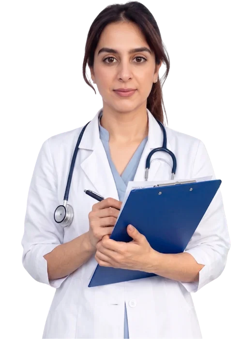 Female doctor holding a blue clipboard and pen at an advanced STD testing and treatment clinic.